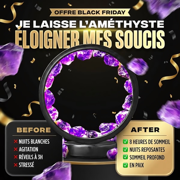 A square ad creative comparing the emotional and physical state of a user before and after utilizing amethyst crystal, using a high-contrast black and gold aesthetic.